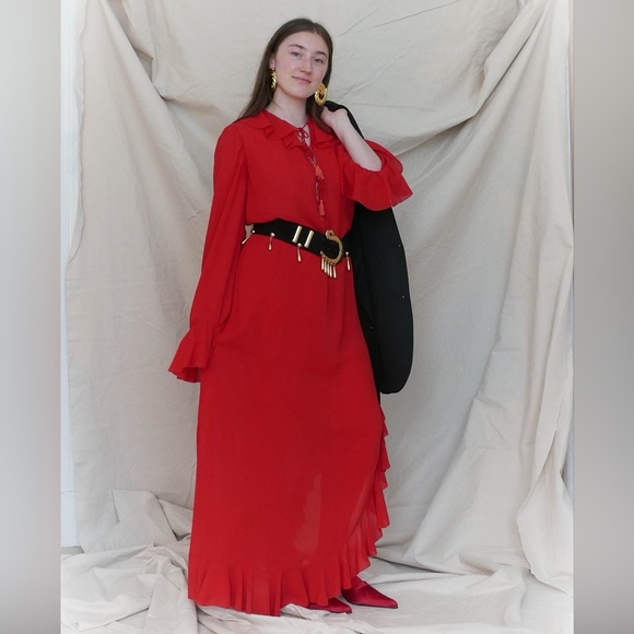 Vintage Sheer Red Ruffle Maxi Dress | Romantic 70s Style | Boho Evening Gown - Picture 4 of 7